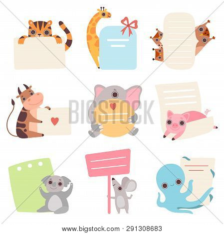 Cute Animals Holding Empty Banners Set, Funny Cartoon Tiger, Giraffe, Owlets, Cow, Elephant, Piglet,