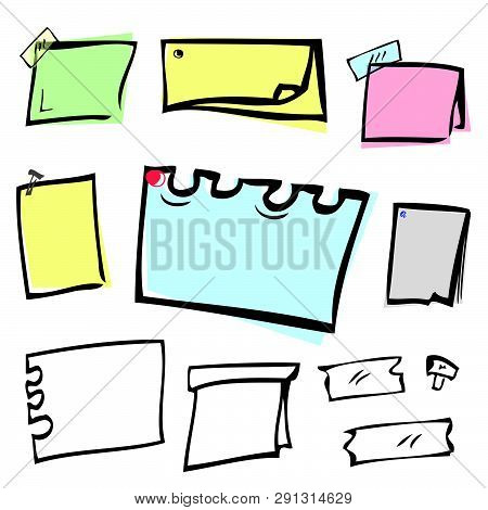 Vector 8 Different Pastel Color And Shape Blank Note Paper With Pushpin And Sellotape.