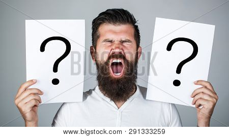 Man Screaming, Emotion. Man Question. Male With Emotion Scream, Question Marks. Screaming Man. Getti