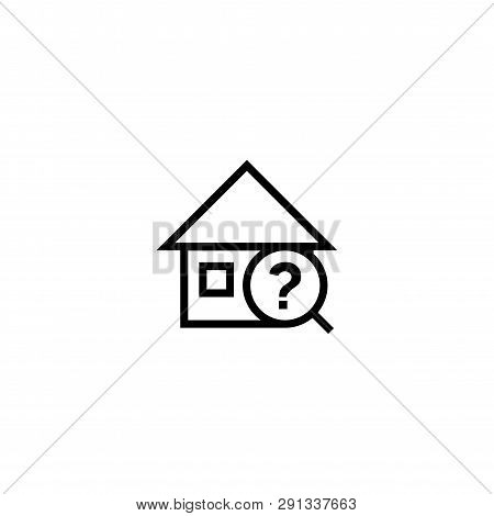 Random Search House Icon. Home With Magnifying Glass And Question Mark Symbol. Simple Clean Thin Out