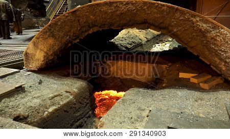 Close Up For The Blast Furnace With Molten Steel Inside, Heavy Industry Concept. Metallurgical Plant