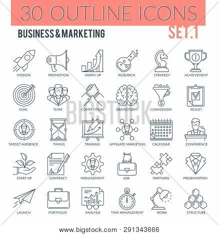 Set Of Modern Outline Icons Of Business, Marketing, Advertising, Management, Market Research. Perfec