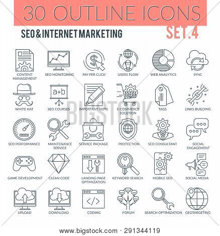 Set of outline icons on following themes - seo services, internet marketing, cloud computing, and other. Each icon neatly designed on pixel perfect 64X64 size grid. Perfect for use in website, presentation, promotional materials, illustr