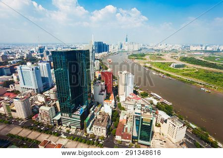 Ho Chi Minh City Aerial Panoramic View From Saigon Skydeck Observation Deck In Bitexco Financial Tow