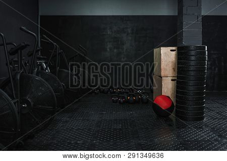 Empty Workout Gym With Equipment. Copy Space.