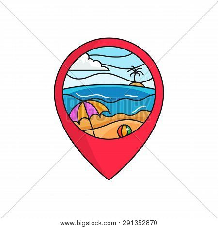 Bach Map Pin Locator Logo Badge. Sunny Weather Beach Holiday Scene Illustration With Circle Frame. S