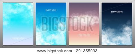 Set Of Sky With White Realistic Clouds. Sunset, Sunrise. Blue And Night Sky. Vector Illustration.