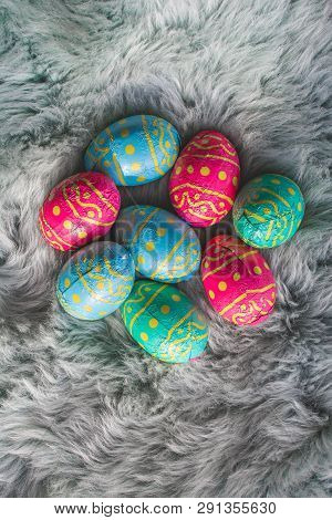 Multiple Colored Easter Eggs On Fur Background, Pink, Blue And Green Eggs Amsterdam The Netherlands,