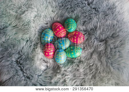 Multiple Colored Easter Eggs On Fur Background, Pink, Blue And Green Eggs Amsterdam The Netherlands,