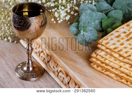 Jewish Pesah Celebration Matzah Bread With Wine. Passover Holiday