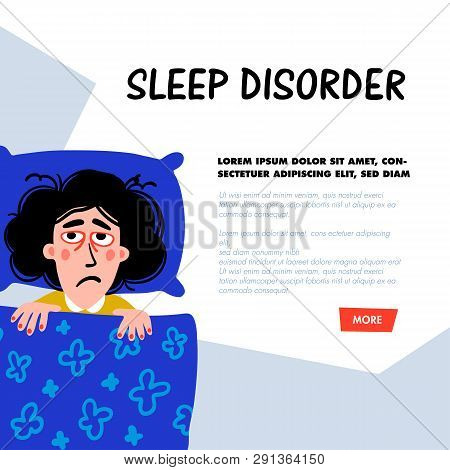 Psychology. Sleep Disorder. Woman Character With Insomnia In Bed. Sleepless Female Person With Tired