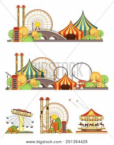 Set Of Vector Design Elements For Carnival Circus Partk Amusement Rides Isolated On White Background