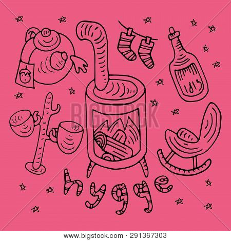 Cosy Fireplace Doodle With Hygge Symbols In Doodle Style