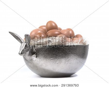 Silver Easter Bowl With Eggs, On A White Background