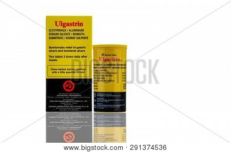 Chonburi, Thailand-october 27, 2018 : Ulgastrin. Glycyrrhiza, Aluminium Sodium Silicate, Bismuth Sub