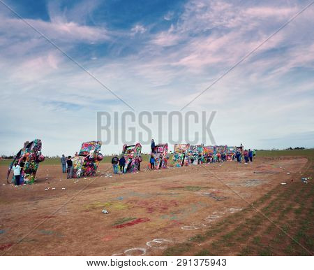 AMARILLO, TEXAS, USA - March 10 , 2019. Cadillac Ranch in Amarillo. Cadillac Ranch is a public art installation of old car wrecks and a popular landmark on historic Route 66