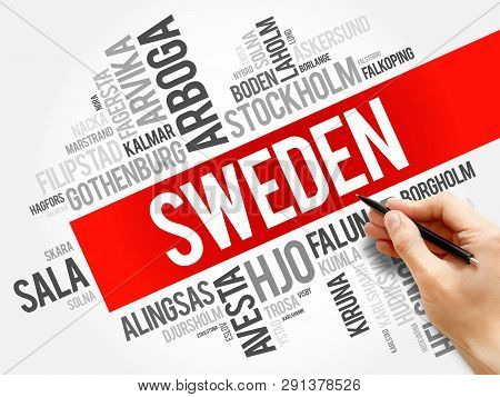 List Of Cities And Towns In Sweden, Word Cloud Collage, Business And Travel Concept Background