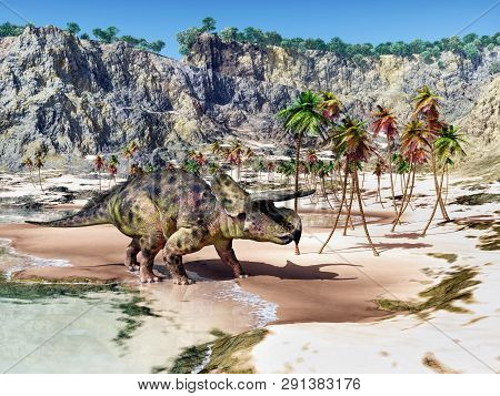 Computer Generated 3d Illustration With The Dinosaur Nasutoceratops At The Beach