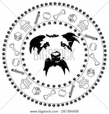 Silhouette Of A Terrier-like Dog Head, Within The Round Frame Of Favourite Dog Toys And Treats