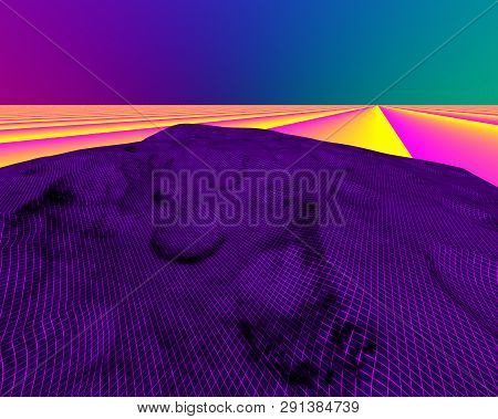 Landscape With Mountains And Sky, 1980s Style Coiors Background, 3d Rendering