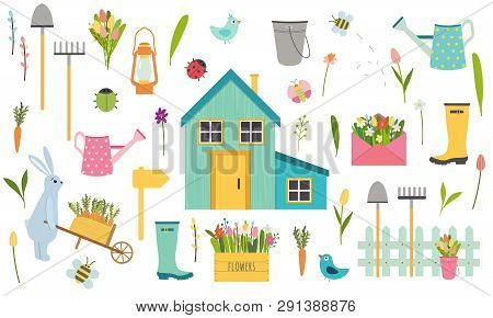 Big Vector Set Of Spring And Easter Holiday Elements. Hare With A Wheelbarrow, Flowers In A Wooden B