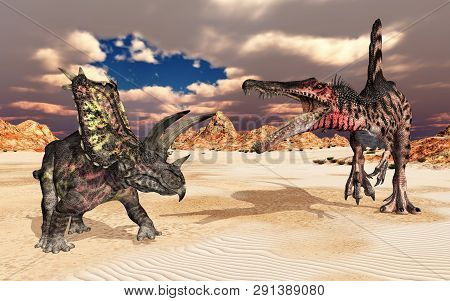 Computer Generated 3d Illustration With The Dinosaurs Pentaceratops And Spinosaurus Attacking Each O