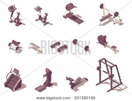 Vector Isometric Fitness Or Gym Exercise Machines. Treadmill, Rowing Machine, Dumbbells, Exercise Bi