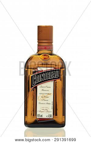 Krasnodar, Russia - January 25, 2019: Bottle Of International Liquor Cointreau On The White Backgrou