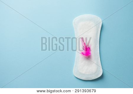 Red Feather And Daily, Menstrual Woman Pad For Hygiene Or Blood Period On Blue Background. Copy Spac