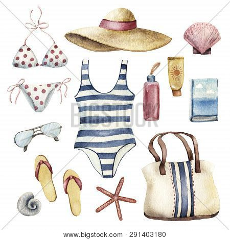 Summer Apparel For Beach Vacation Bikini Swimsuit Floppy Hat Flip-flops And Sunglasses, Watercolor I