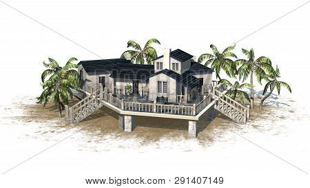 Deckhouse With Palm Trees On A Sand Area - Isolated On White Background - 3d Illustration