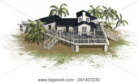 Deckhouse With Palm Trees On A Sand Area - Isolated On White Background - 3d Illustration