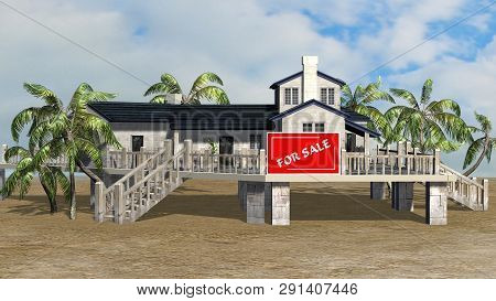 Deckhouse With Palm Trees And For Sale Billboard - Isolated On Sky Background - 3d Illustration