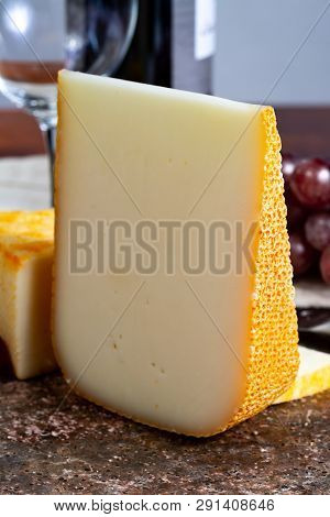 French Yellow Cheeses, Pur Brebis Sheep Melk Cheese Fron Pyrenees And Saint Paulin Creamy, Mild, Sem