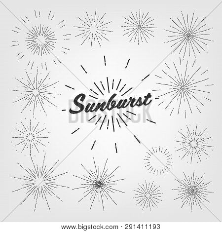 Vintage Element Sunburst Set Vector. Circle Sun. Graphic Frame. Hand Drawn Shape. Ray Stamp. Old Emb