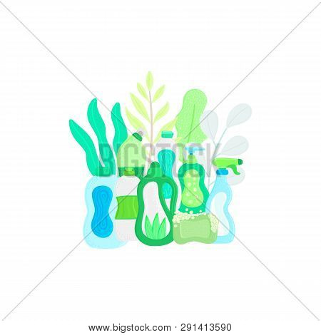 Eco Friendly Household Cleaning Supplies In Leaves. Natural Detergents. Products For House Washing. 
