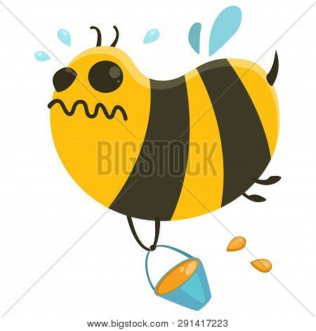 Honey Jar And Cute Cartoon Bee. Vector Illustration Isolated On White Background.