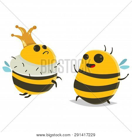 Honey Jar And Cute Cartoon Bee. Vector Illustration Isolated On White Background.