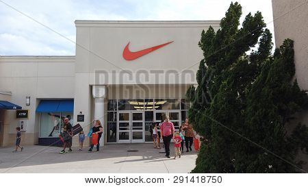 Orlando, Florida / Usa, March 2, 2019: Nike Factory Store At Orlando Vineland Premium Outlets Shoppi