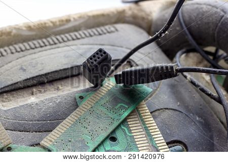 Retro Gamepad, Controller And Game Console Covered Vith Dirt And Dust. Obsolete And Outdated Technol