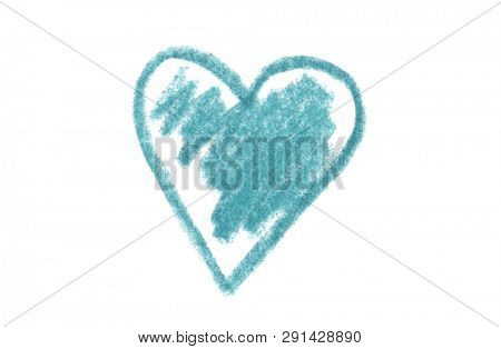 Color blue pencil drawing heart shape. Isolated on white.