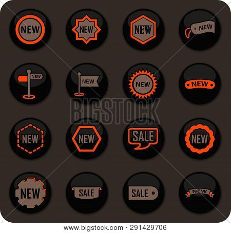 New Stiker And Label Color Vector Icons On Dark Background For User Interface Design