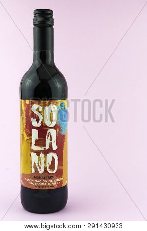 Moscow Russia, March 25, 2019. A Bottle Of Red Spanish Wine Solano On A Pink Background