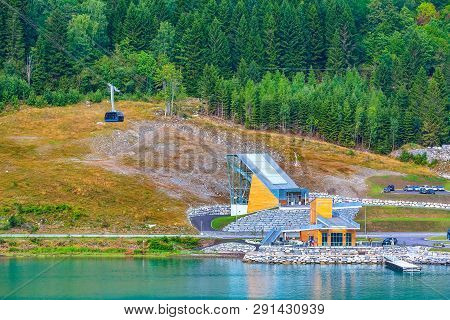 Norway, Loen Skylift Aerial Tramway Cabin And Station Near Olden. The Cable Car Climbs To The Top Of
