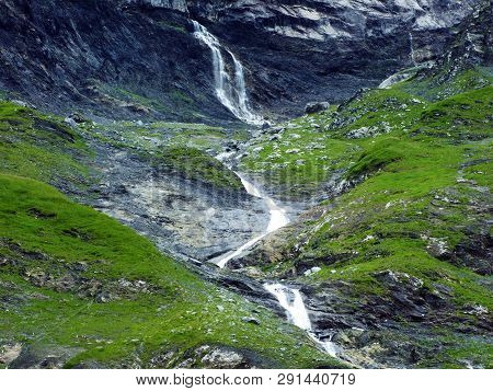 Nameless Waterfalls Under The Alpine Peaks Glarner Vorab And Bünder Vorab In The Valley Of Im Loch -