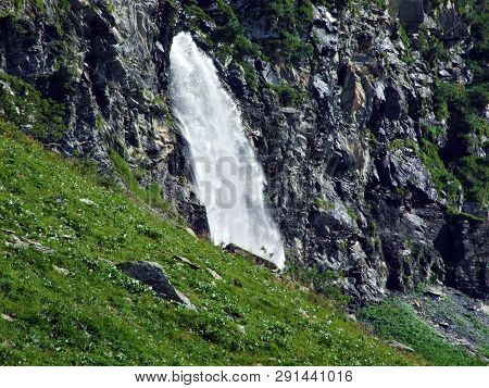 Nameless Waterfalls Under The Alpine Peaks Glarner Vorab And Bünder Vorab In The Valley Of Im Loch -