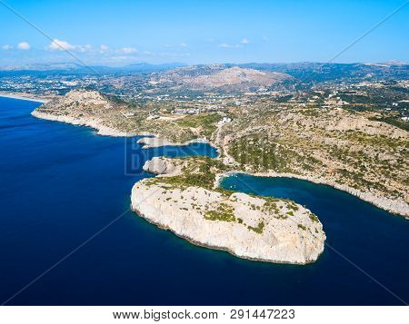 Ladiko Beach And Anthony Quinn Bay Aerial Panoramic View In Rhodes Island In Greece