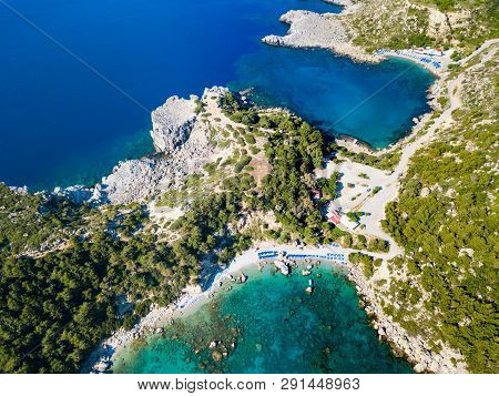 Ladiko Beach And Anthony Quinn Bay Aerial Panoramic View In Rhodes Island In Greece