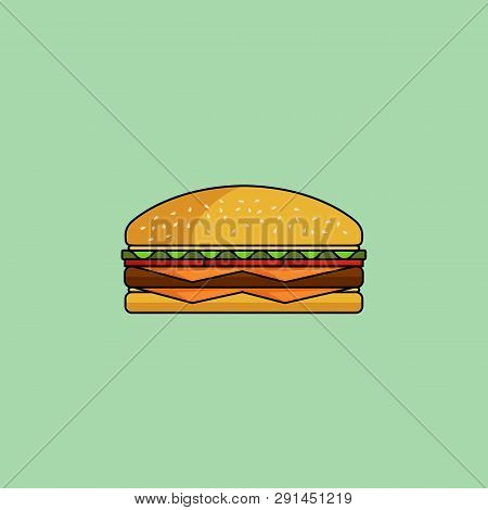 Cute Cartoon Cheeseburger With Double Cheese. Burger With Salad, Tomatos, Cutlet. Minimal Line Style