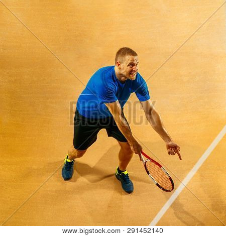 Shot Going Wide. Stressed Tennis Player Arguing With Umpire, Referee, Linesman Or Service Judge At C